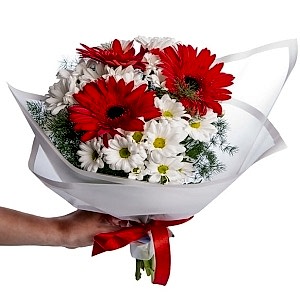 Marmaris Çiçek - Beyaz Papatya ve Kırmızı Gerbera Çiçek Buketi