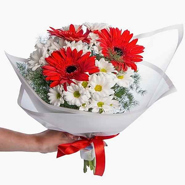Marmaris Çiçek - Beyaz Papatya ve Kırmızı Gerbera Çiçek Buketi